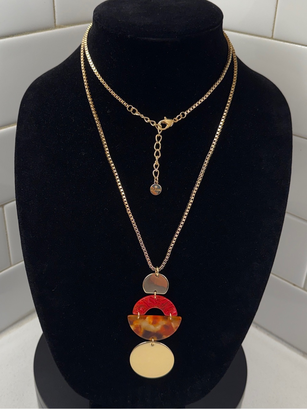 Gold Layered Necklace with Red and Tortoiseshell Pendant